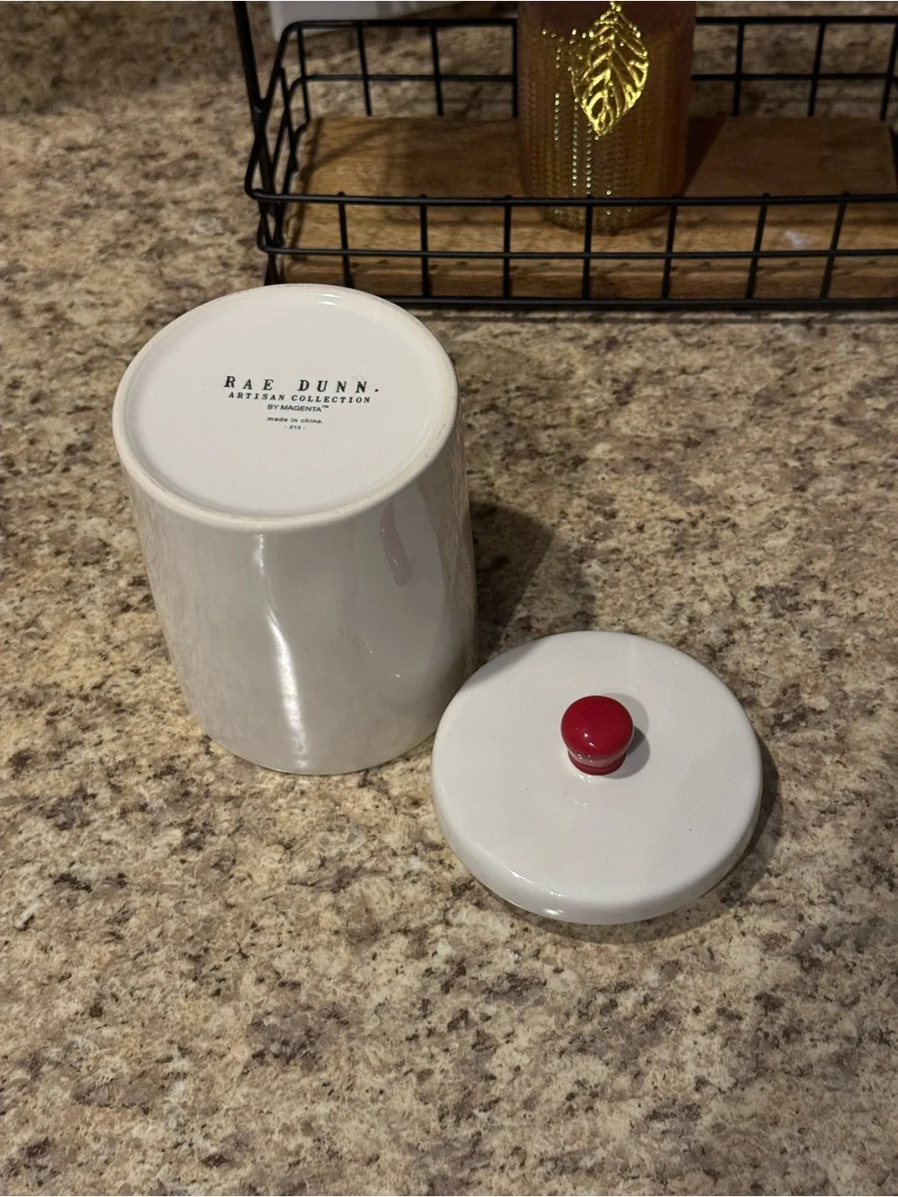 Rae Dunn THINGS Cream Ceramic Canister with Red Lettering and Red Knob